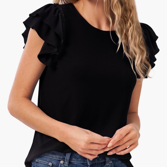Luxology Tops - Women’s Ruffle Knit Short Sleeve Round Neck Solid Black Top Blouse Size Small